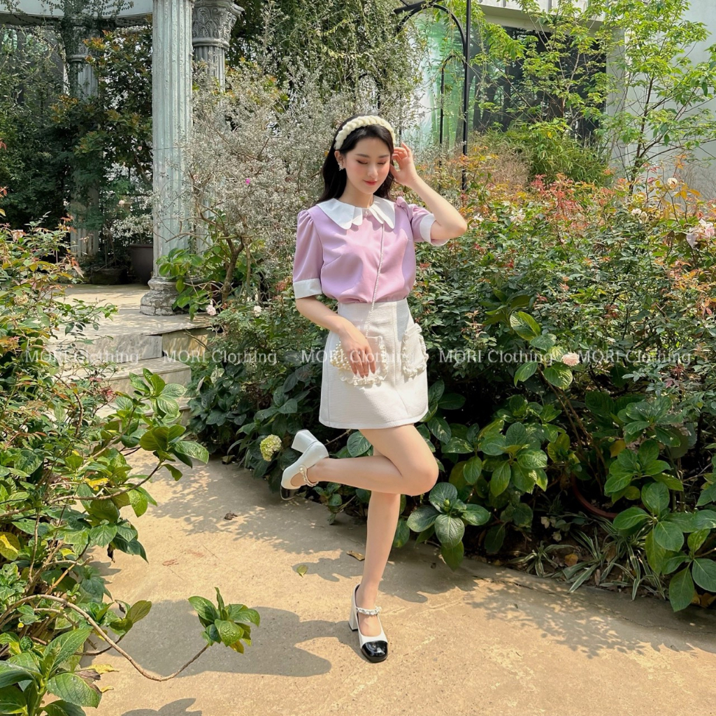 Áo sơ mi nữ tay ngắn cổ sen màu tím đi chơi đi làm chất thô nến phong cách tiểu thư thời trang A959 MORI CLOTHING