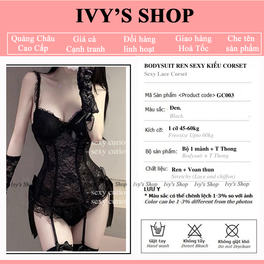 Áo Ngủ Bodysuit Có Đệm Ngực GC003 Không Kèm Kẹp Tất Corset Ren Áo + Quần Chip T