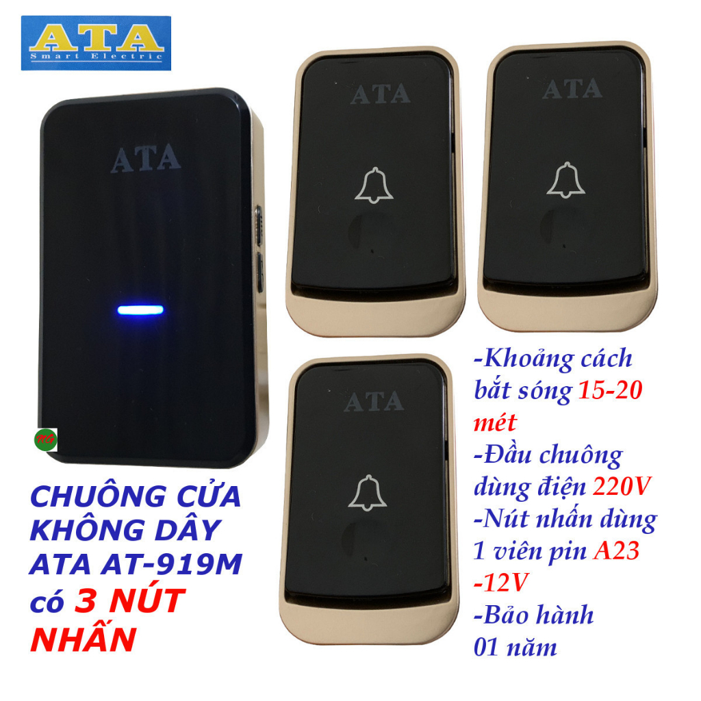 Bộ chuông cửa không dây có 3 NÚT NHẤN ATA AT-919M - màu đen