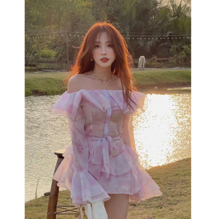 Set Ashley tơ hoa chìm áo trễ vai mix chân váy tầng bánh bèo - TKCC