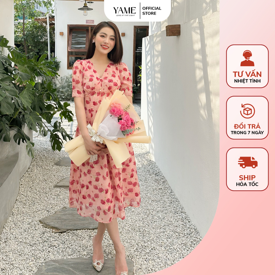 Váy hoa nữ ngắn tay dáng dài cổ V đính cúc có lớp lót lụa mềm Lamia hồng, xanh, trắng YAME
