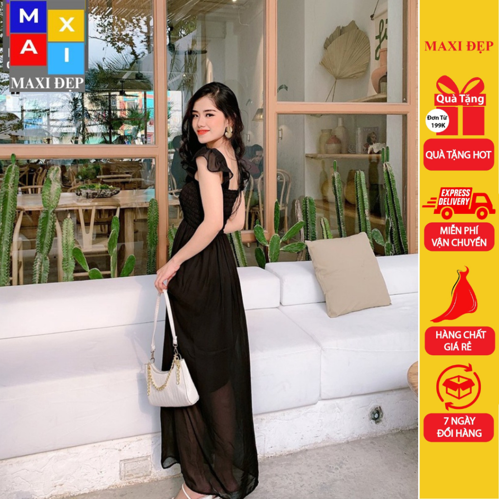 Đầm Maxi Cánh Tiên Màu Đen Maxi Đẹp Model Chất Liệu Voan Mềm Mát 2 Lớp Mịn Đẹp Có Giãn Nhẹ Bo Chun Ngực