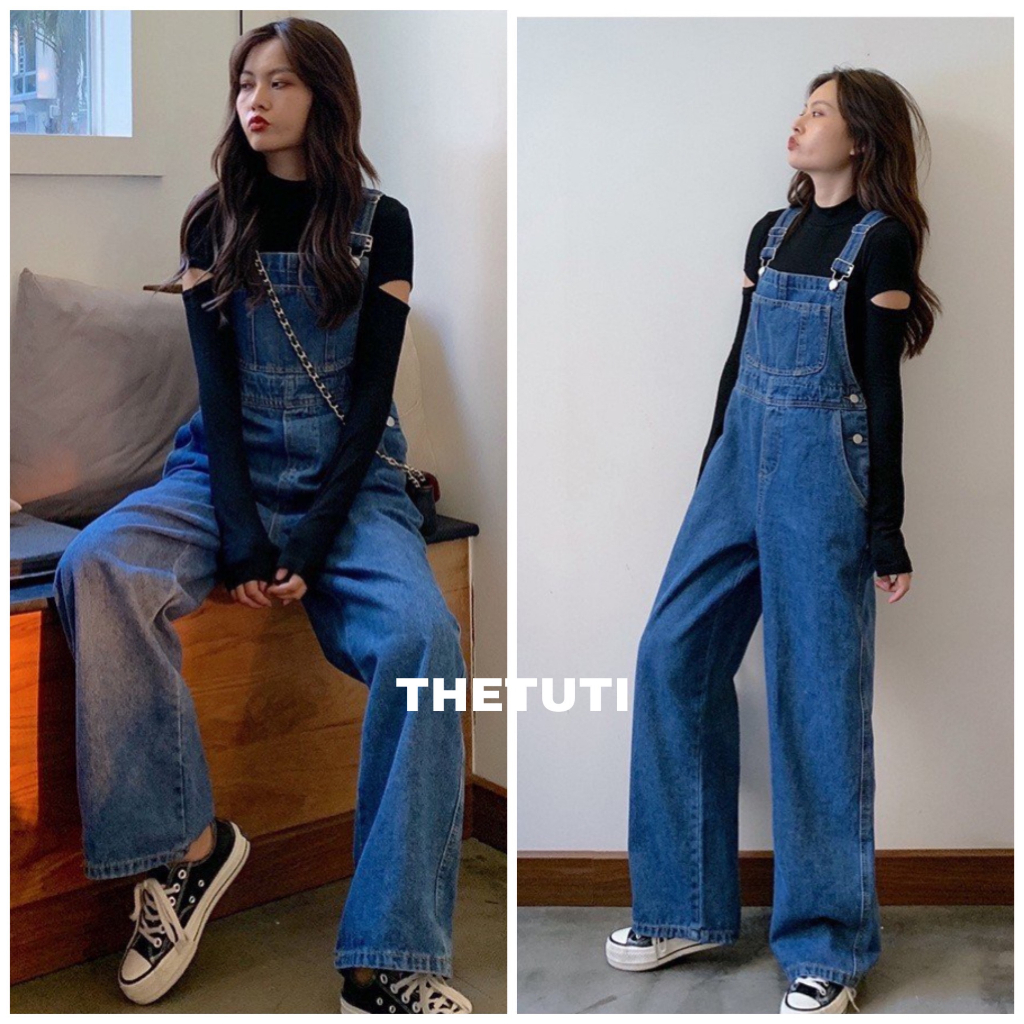 Quần yếm jeans THETUTI xanh đậm ống rộng phủ chân phối túi ngực to Hàn Quốc