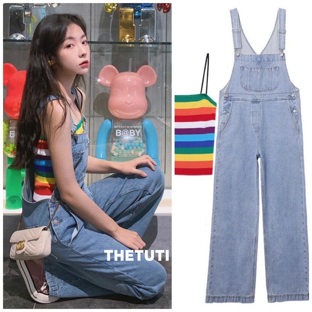Quần yếm jeans THETUTI xanh nhạt ống rộng phủ chân phối túi ngực to Hàn Quốc