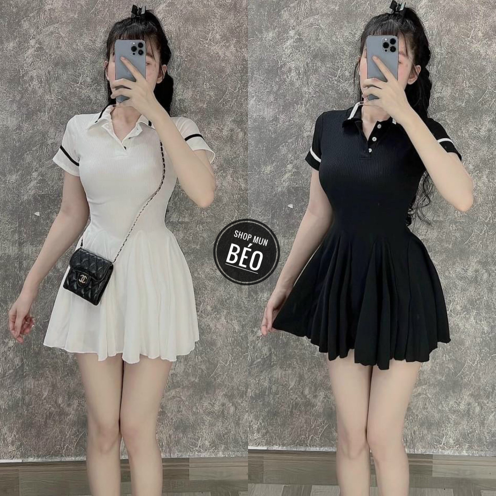 Đầm cổ trụ phối phom ngắn dáng xoè chất thun gân chính phẩm thích hợp mặc đi tiệc đi làm đi chơi