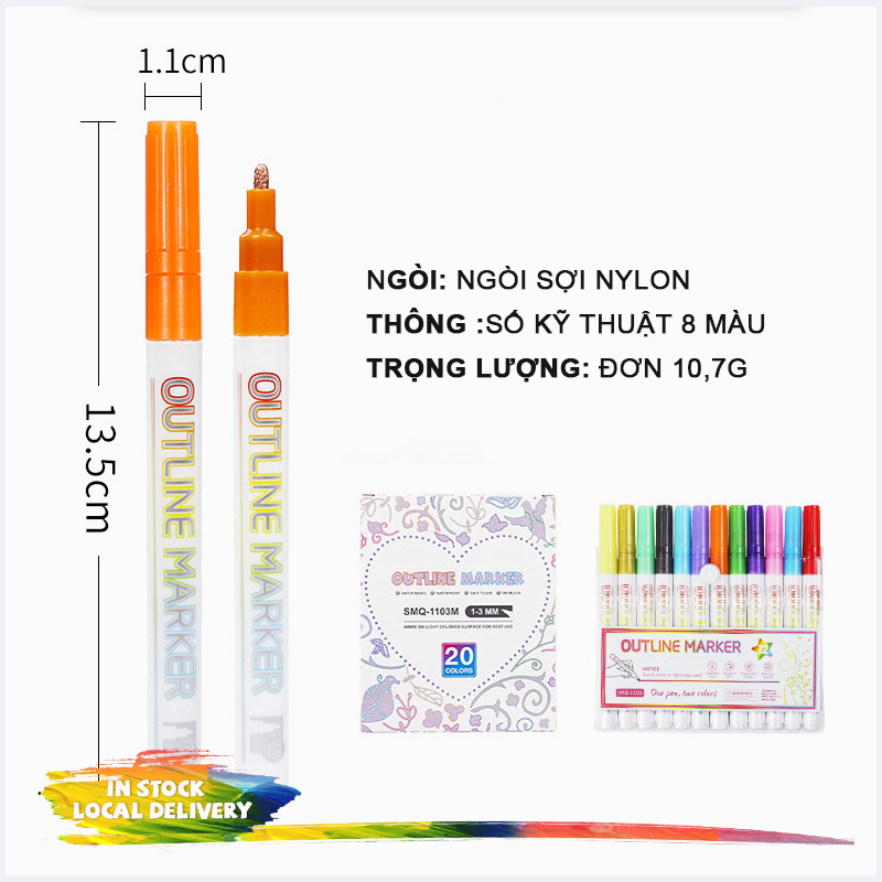 Bút dạ quang nhũ 2 dòng, set 8 bút màu dạ quang nhũ đán dấu để viết thiệp, thư tay