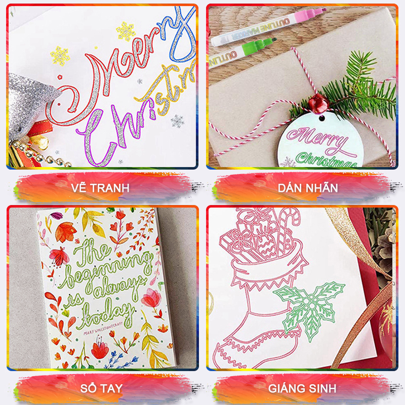 Bút dạ quang nhũ 2 dòng, set 8 bút màu dạ quang nhũ đán dấu để viết thiệp, thư tay