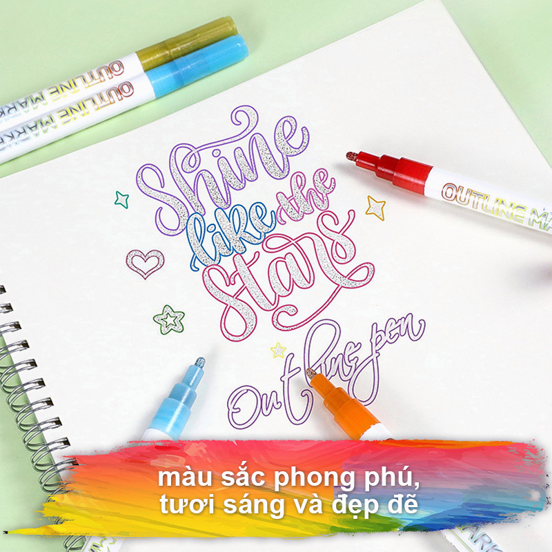 Bút dạ quang nhũ 2 dòng, set 8 bút màu dạ quang nhũ đán dấu để viết thiệp, thư tay