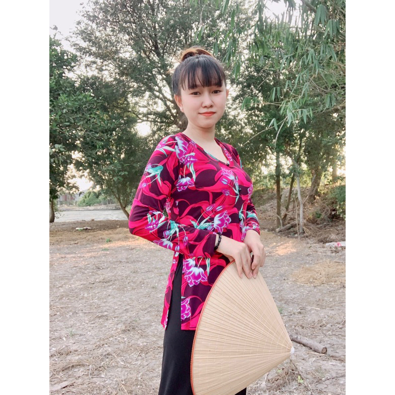Áo bà ba hoa đi chùa lễ phật, đồ lam, vải tơ hoa cao cấp