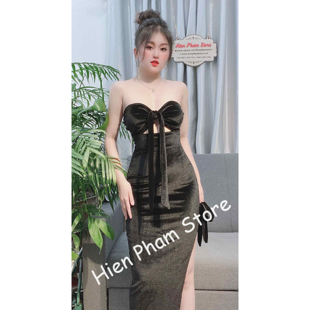 Đầm body nhung tuyết ôm cúp hỡ ngực cột nơ đùi xẽ tà sexy DN7574