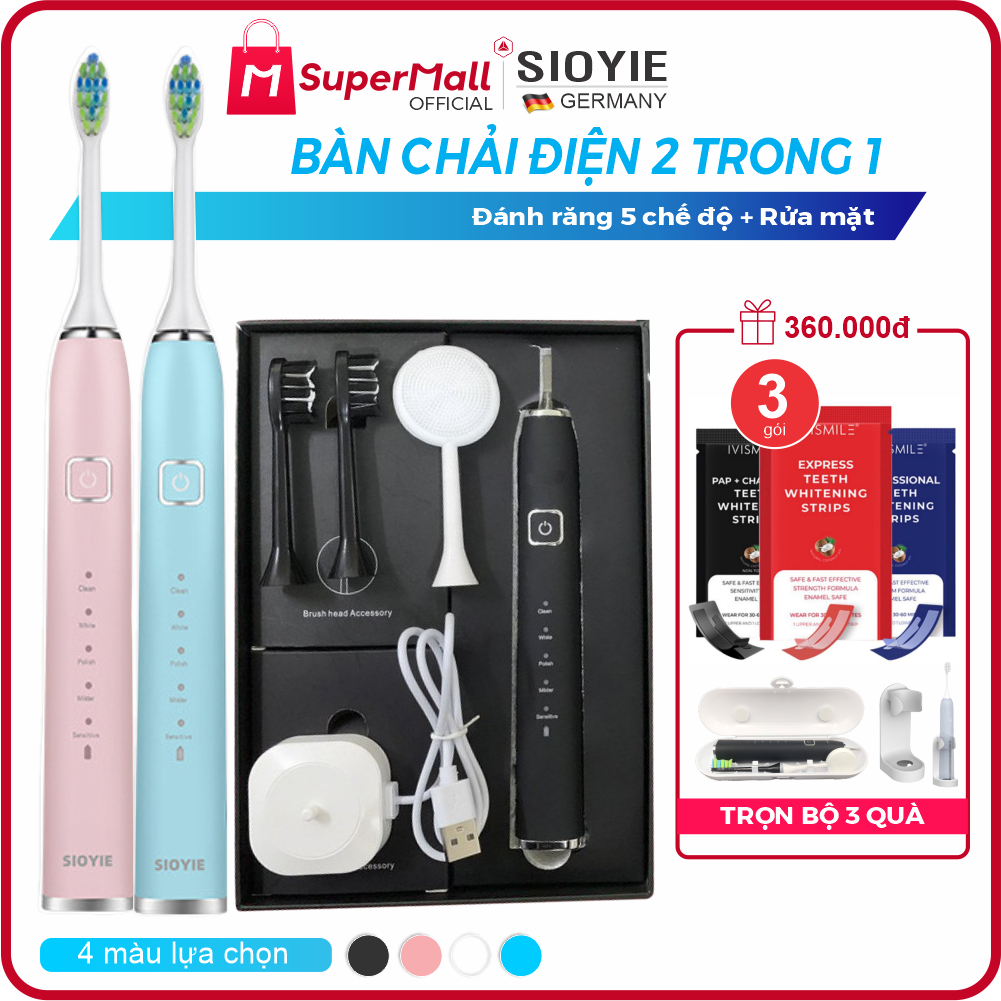 Bàn chải đánh răng điện Sioyie 3 trong 1 - Đánh răng, rửa mặt, chăm sóc nướu | Sạc không dây, chống nước