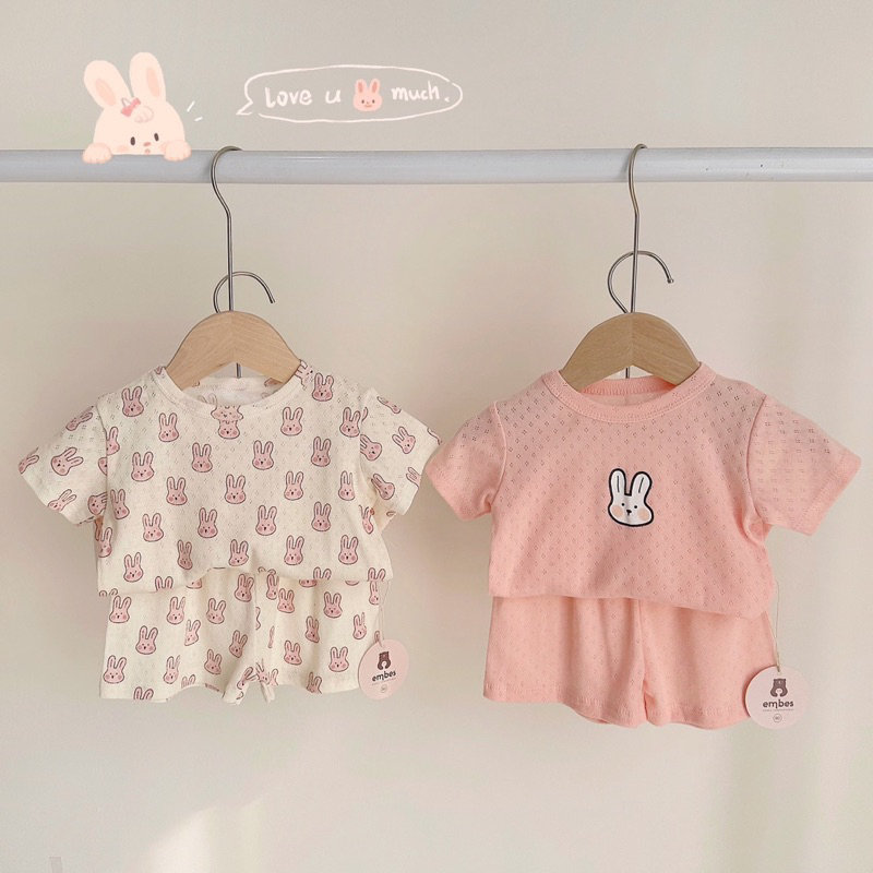 Bộ quần áo cotton thông hơi hoạ tiết thỏ xinh cho bé