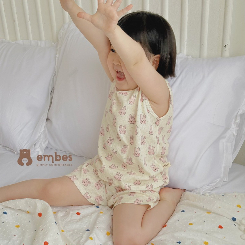 Bộ quần áo cotton thông hơi hoạ tiết thỏ xinh cho bé