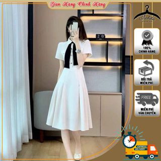 Váy Trắng Dài Nơ Đen Michiha Fashion - Váy Trắng Tiểu Thư Sang Trọng Phong Cách Hàn Quốc