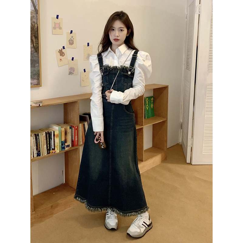 Set Áo Sơmi Váy Yếm Dáng Dài Chất Jeans Quảng Châu Sơmi Tay bồng
