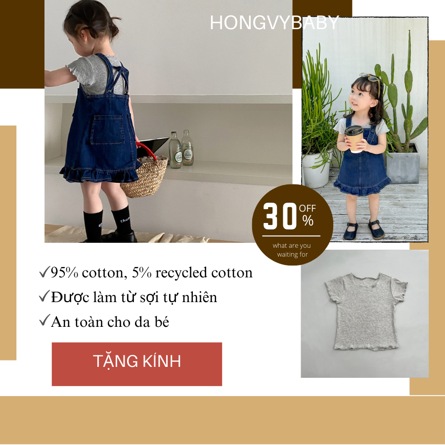 Set 3 chi tiết váy yếm Jeans cho bé gái 1-5 Tuổi, váy cho bé gái gồm: áo trong, yếm, kính HONGVYBABY