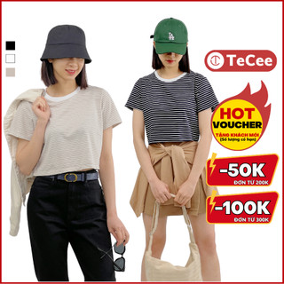 Áo thun nữ kẻ ngang basic dáng croptop TeCee Áo phông tay ngắn 3 màu đơn giản phong cách Hàn Quốc A14