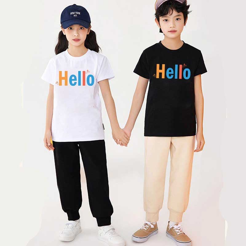 Áo phông áo thun ngắn tay cho bé gái TANOSA in hình hello chất cotton size 13-33kg