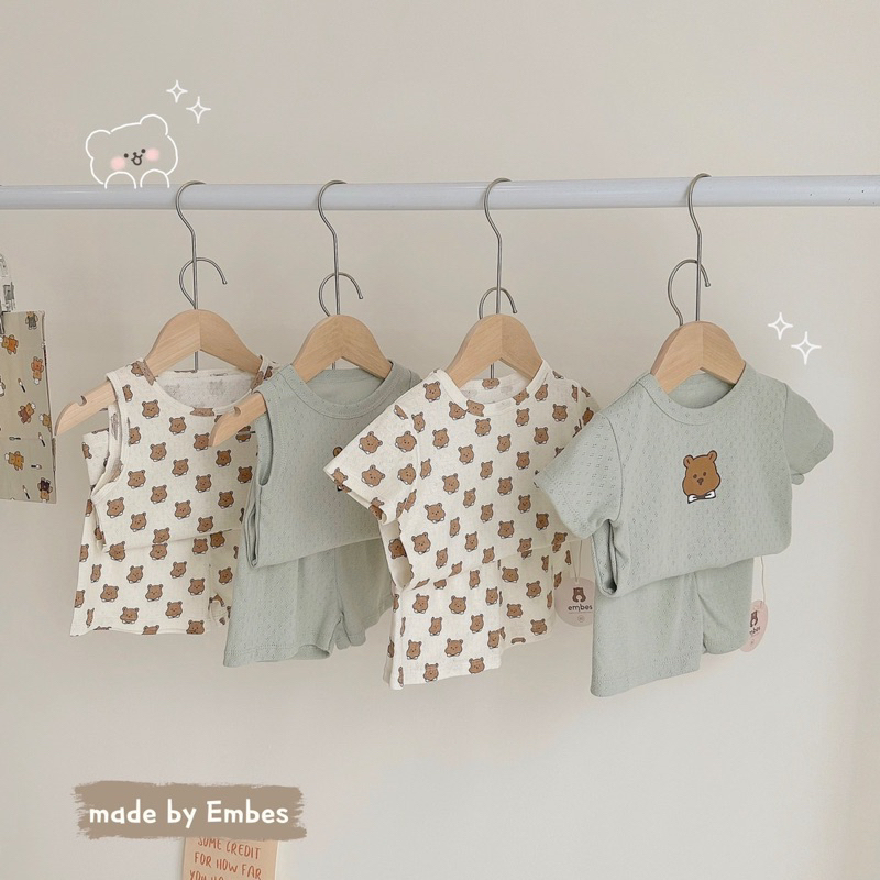 Bộ quần áo cotton thông hơi hoạ tiết gấu xinh cho bé