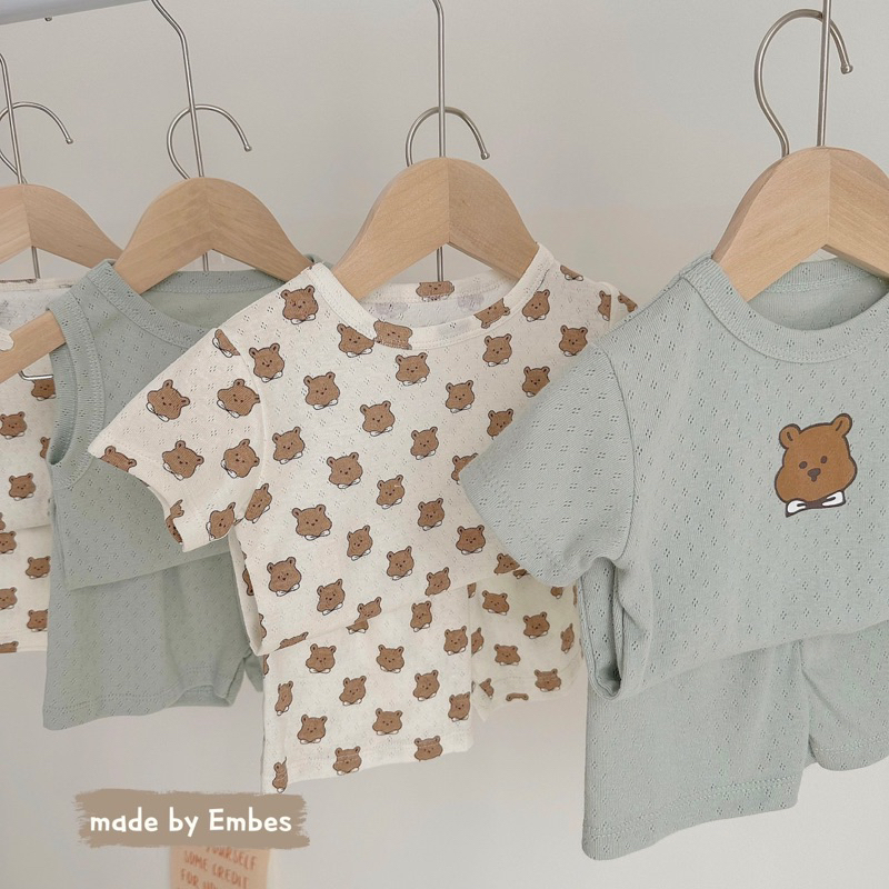 Bộ quần áo cotton thông hơi hoạ tiết gấu xinh cho bé