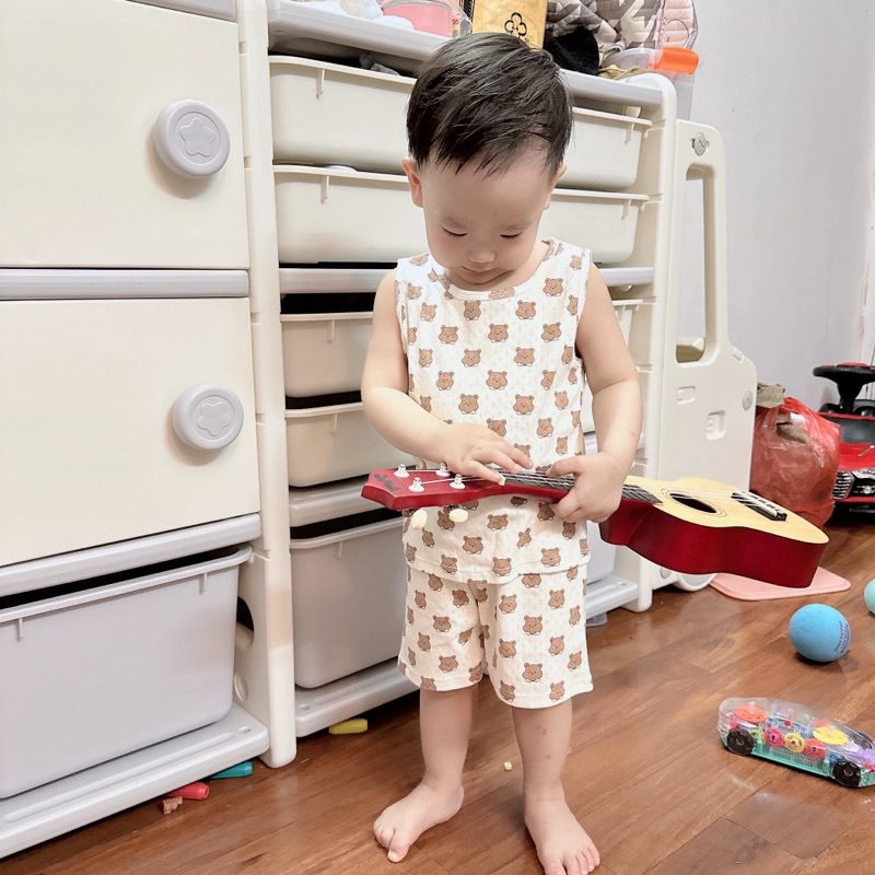 Bộ quần áo cotton thông hơi hoạ tiết gấu xinh cho bé