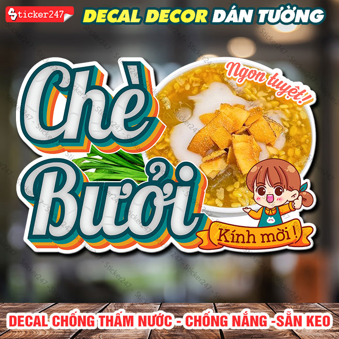 Decal Trang Trí Chè Bưởi 🌈 Hình Dán Chè Bưởi Decor Trang Trí Tiệm Chè, Quán Trà Sữa - Decal Dán Tường Chống Nước