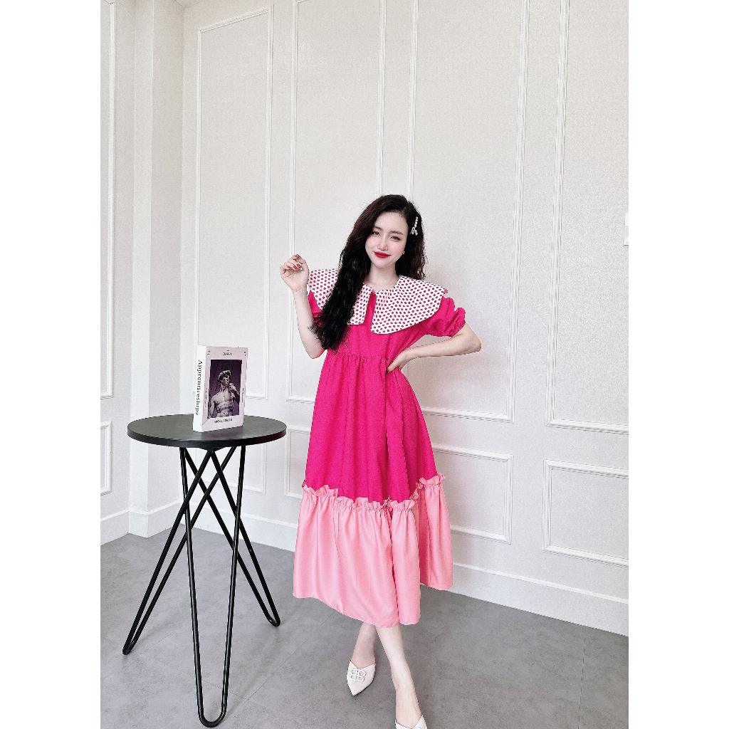 Đầm babydoll nữ tiểu thư tay phồng dáng suông dài from rộng phối cổ chấm bi, đầm xoè phối màu cổ bèo dễ thương mtb