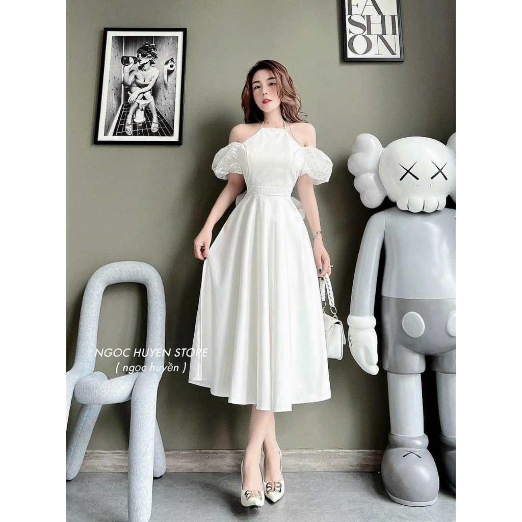 Đầm váy cổ yếm rớt vai, chất cotton lạnh phối tay ren dáng váy dài màu trắng tinh dành cho các bạn nữ đi dự tiệc xinh