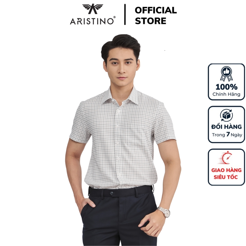 Áo sơ mi nam ngắn tay ARISTINO ASS092S2 công sở màu trắng kẻ nâu dệt dobby vải polyester dáng suông tà bằng có túi