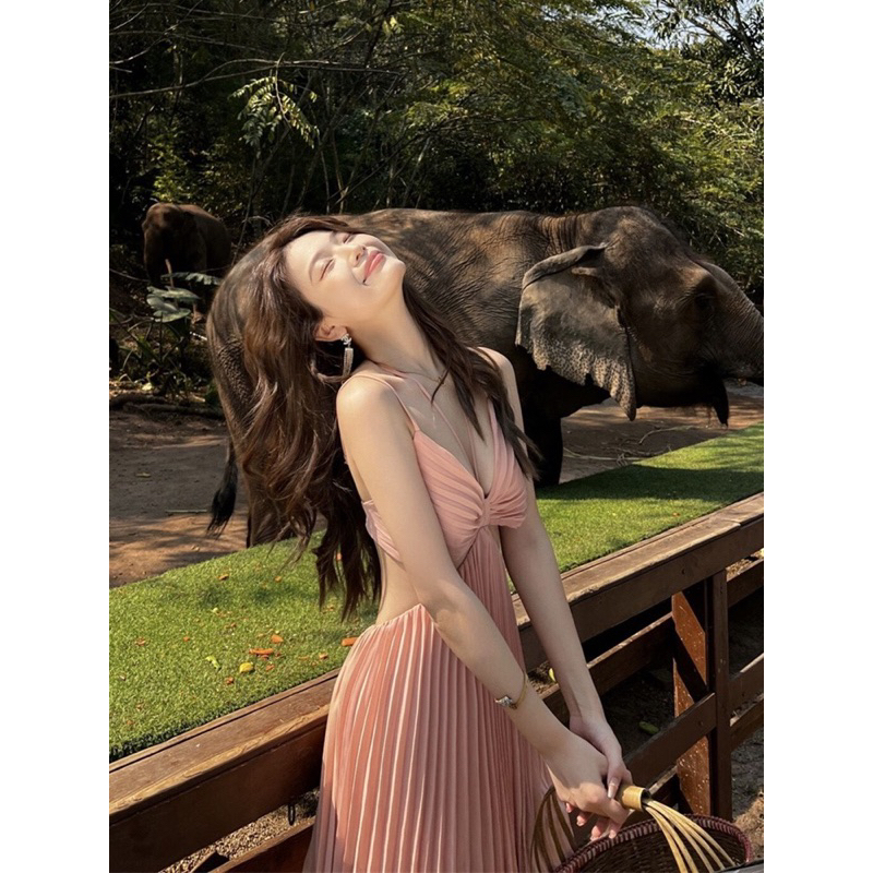 Đầm maxi hở lưng thắt nơ xếp ly 2 tầng phong cách Pháp, váy maxi đi biển siêu xinh