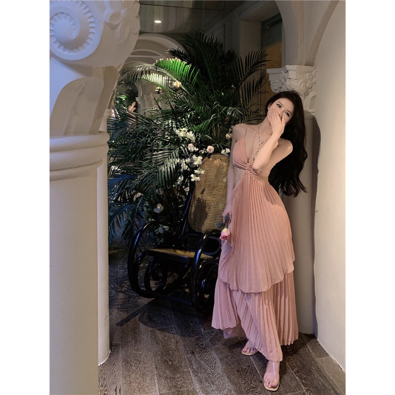 Đầm maxi hở lưng thắt nơ xếp ly 2 tầng phong cách Pháp, váy maxi đi biển siêu xinh