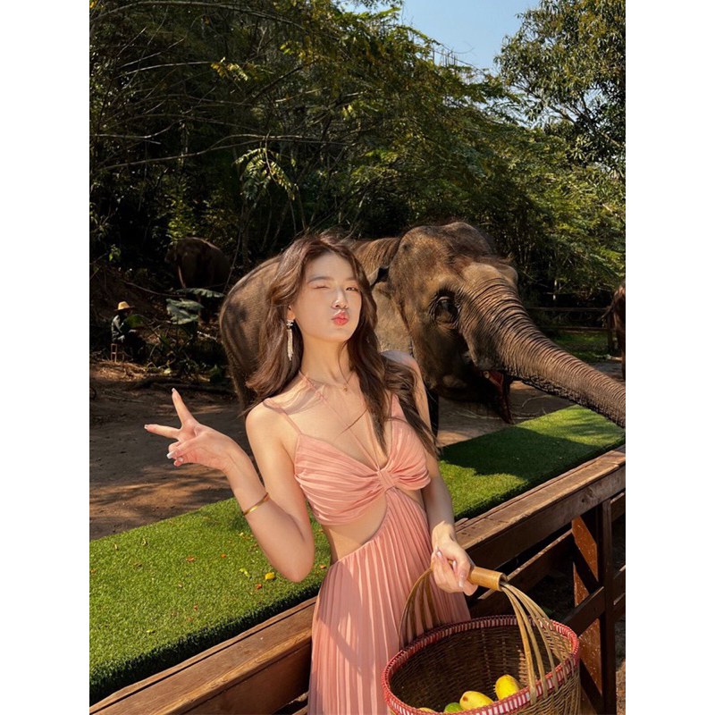 Đầm maxi hở lưng thắt nơ xếp ly 2 tầng phong cách Pháp, váy maxi đi biển siêu xinh