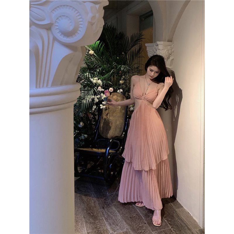 Đầm maxi hở lưng thắt nơ xếp ly 2 tầng phong cách Pháp, váy maxi đi biển siêu xinh