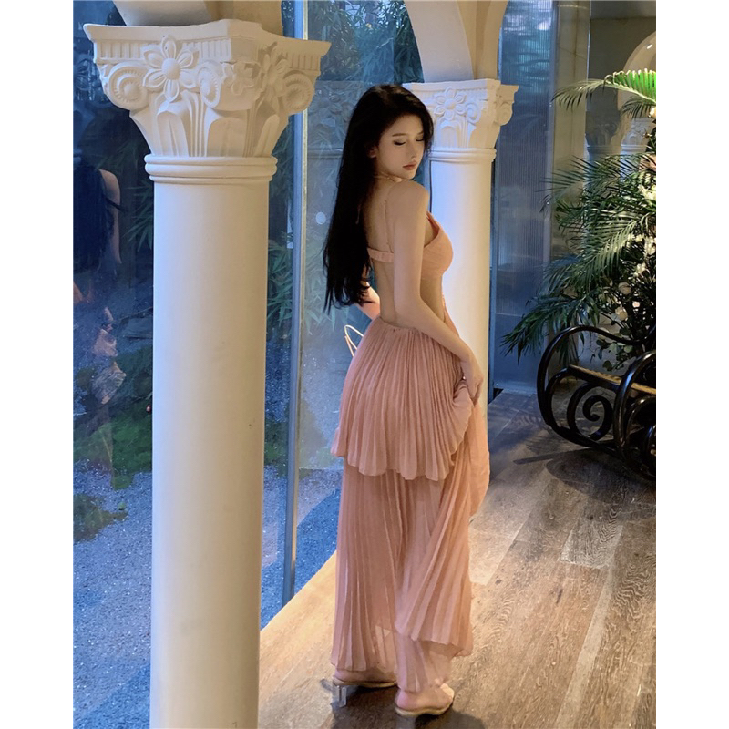 Đầm maxi hở lưng thắt nơ xếp ly 2 tầng phong cách Pháp, váy maxi đi biển siêu xinh