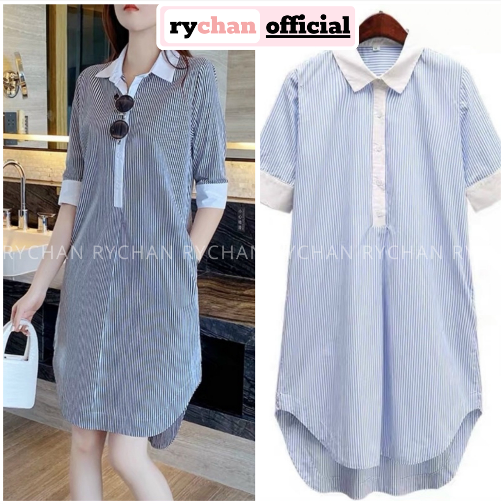 [ẢNH THẬT CUỐI] Đầm Sơ Mi Nữ Cổ Trắng Túi Hai Bên Tao Nhã, Đầm Nữ Dạo Mall Tà Tròn Dáng Suông Sọc Xanh Sọc Đen - DX781