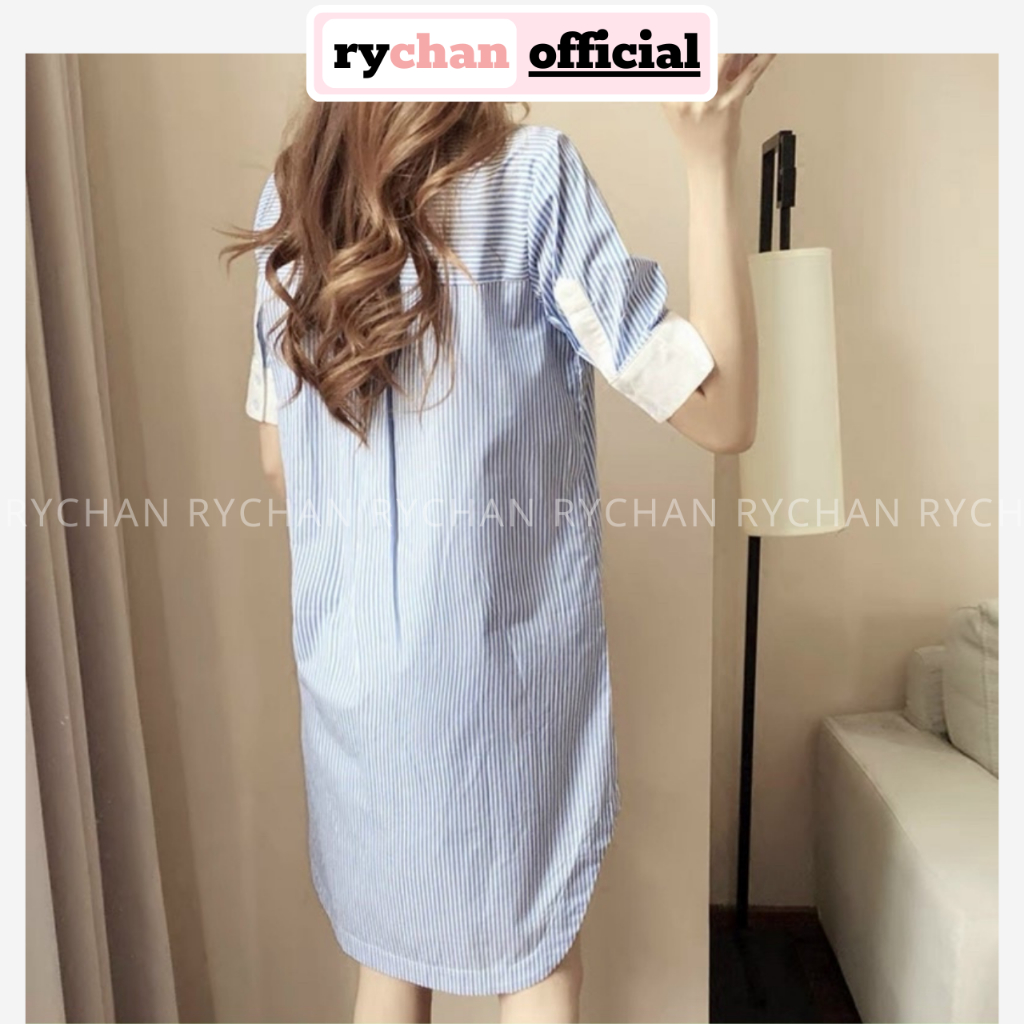 [ẢNH THẬT CUỐI] Đầm Sơ Mi Nữ Cổ Trắng Túi Hai Bên Tao Nhã, Đầm Nữ Dạo Mall Tà Tròn Dáng Suông Sọc Xanh Sọc Đen - DX781