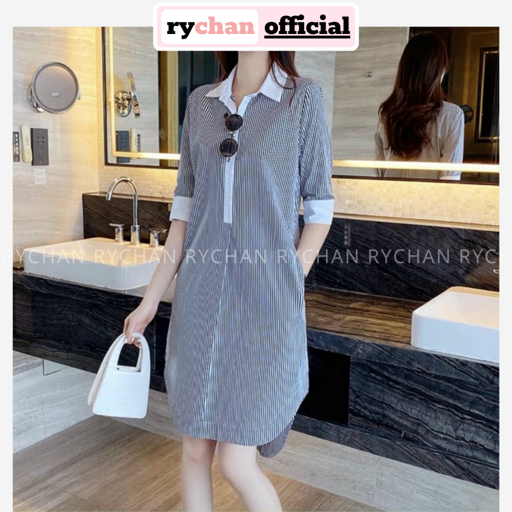 [ẢNH THẬT CUỐI] Đầm Sơ Mi Nữ Cổ Trắng Túi Hai Bên Tao Nhã, Đầm Nữ Dạo Mall Tà Tròn Dáng Suông Sọc Xanh Sọc Đen - DX781