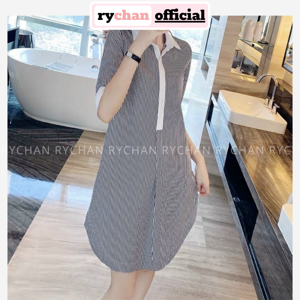 [ẢNH THẬT CUỐI] Đầm Sơ Mi Nữ Cổ Trắng Túi Hai Bên Tao Nhã, Đầm Nữ Dạo Mall Tà Tròn Dáng Suông Sọc Xanh Sọc Đen - DX781