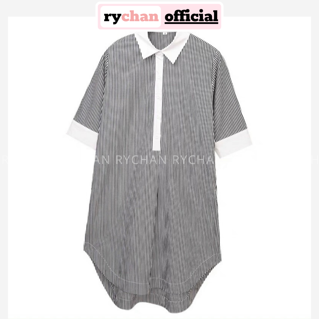 [ẢNH THẬT CUỐI] Đầm Sơ Mi Nữ Cổ Trắng Túi Hai Bên Tao Nhã, Đầm Nữ Dạo Mall Tà Tròn Dáng Suông Sọc Xanh Sọc Đen - DX781