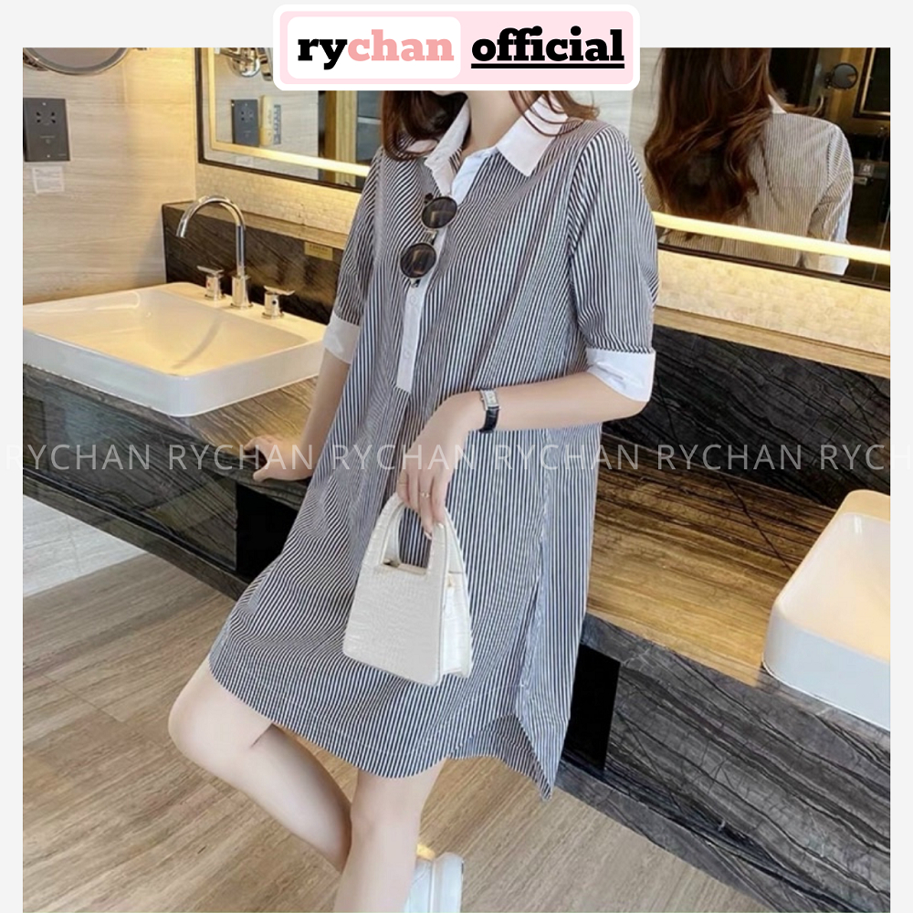 [ẢNH THẬT CUỐI] Đầm Sơ Mi Nữ Cổ Trắng Túi Hai Bên Tao Nhã, Đầm Nữ Dạo Mall Tà Tròn Dáng Suông Sọc Xanh Sọc Đen - DX781