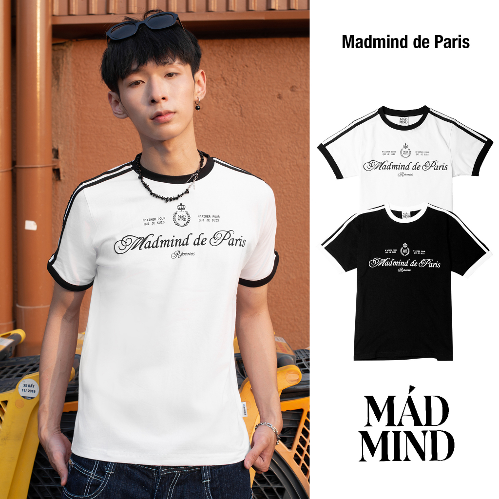 MADMIND® Chính Hãng - Form BOXY | Áo Phông Phối 2 Sọc Tay 100% Cotton Paris - Tay Ngắn, Màu Trắng / Đen