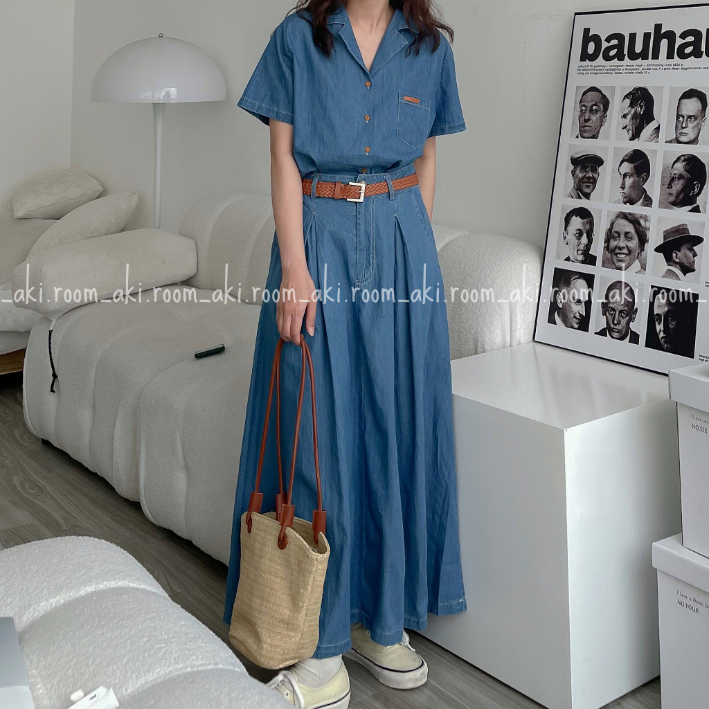 Set denim mỏng mềm áo sơ mi cổ V kèm chân váy dài xòe có thắt lưng 635