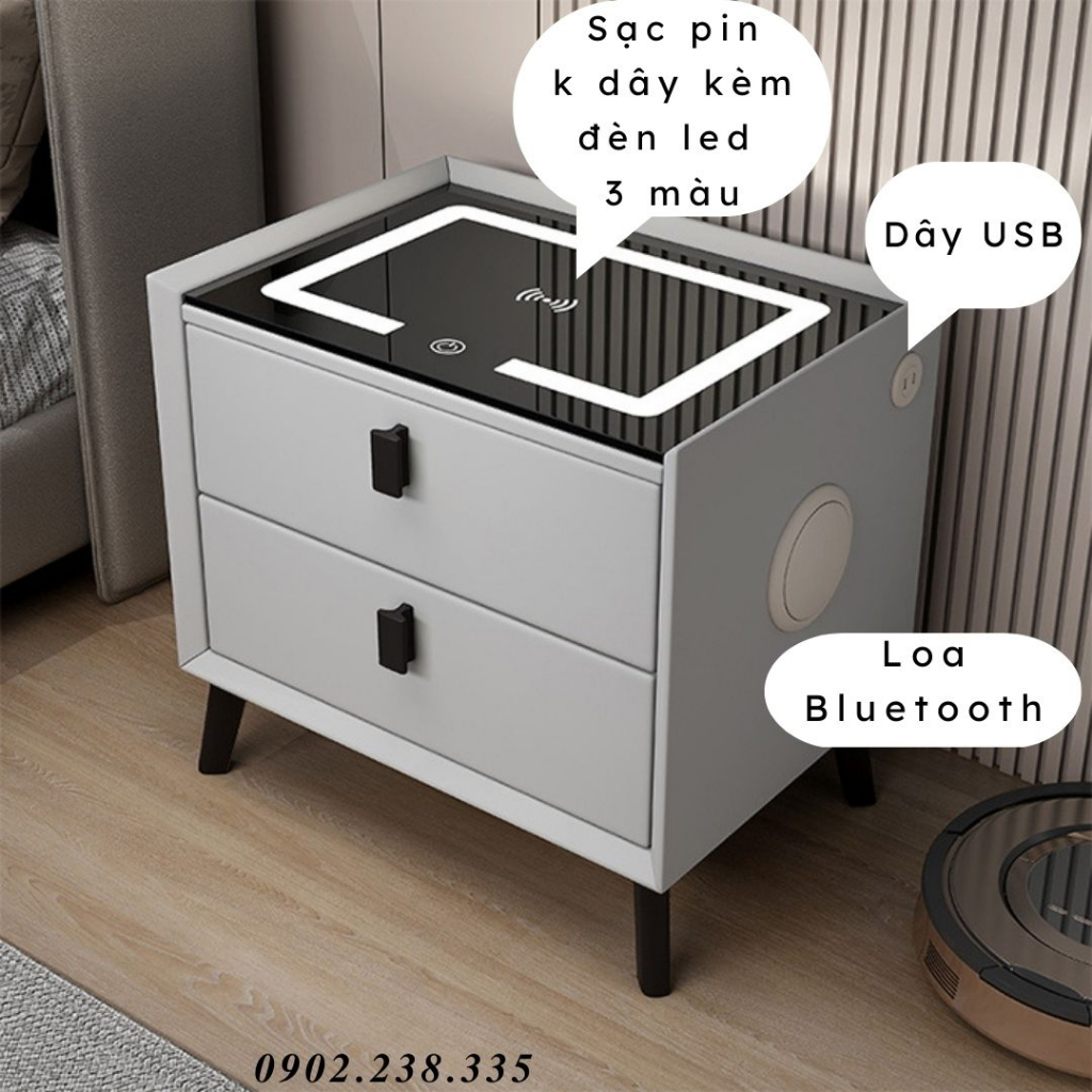 Tủ Đầu Giường Thông Minh, Tab Đầu Giường Đa Năng Có Khoá Vân Tay, Kèm Loa Bluetooth, Sạc Điện Thoại Không Dây