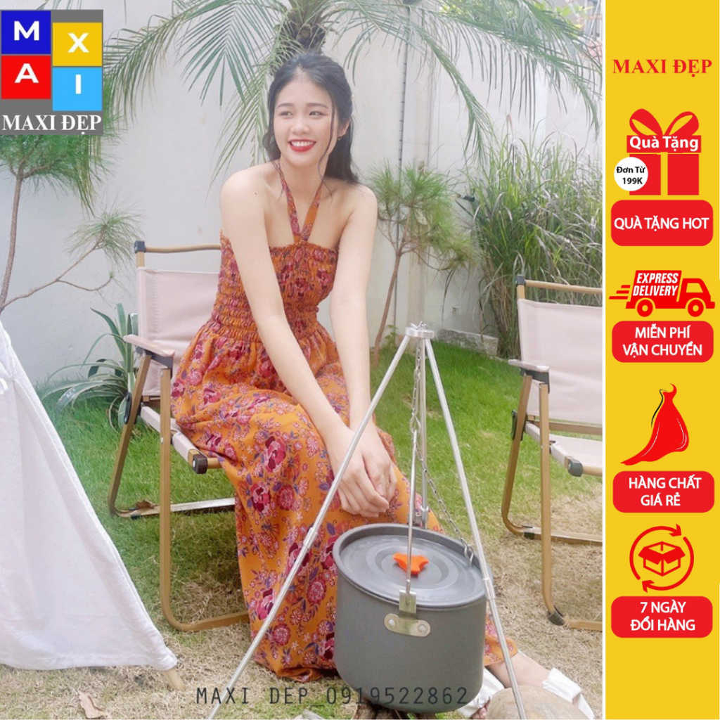 Đầm Maxi Cúp Ngực Dây Nơ Cổ Hoa Cam Xinh Xắn Khoe Vai Trần