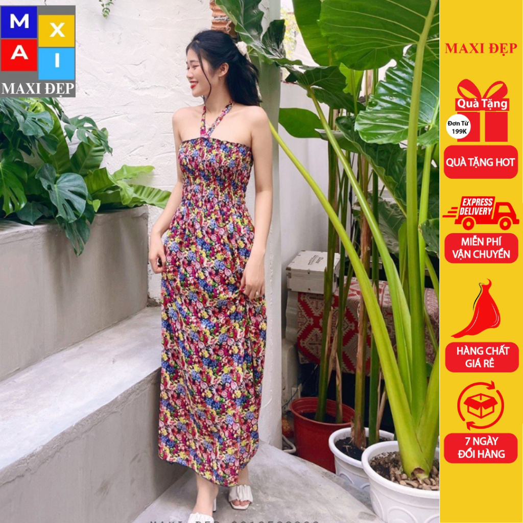 Đầm Maxi Cúp Ngực Dây Nơ Cổ Hoa Đa Sắc Tôn Dáng Nhẹ Nhàng