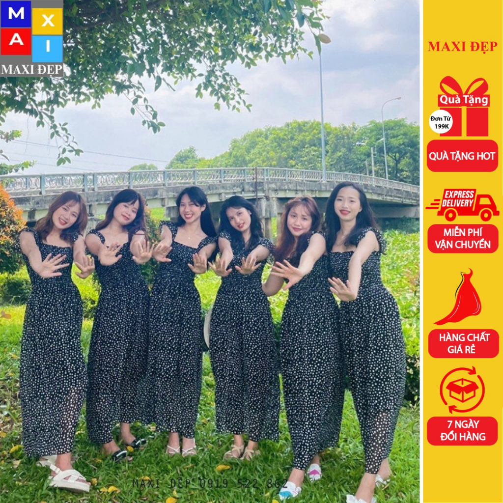 Đầm Maxi Cánh Tiên Dài Maxi Đẹp Họa Tiết Chấm Bi Trắng Nền Đen Freesize Đến 70kg