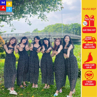 Đầm Maxi Cánh Tiên Dài Maxi Đẹp Họa Tiết Chấm Bi Trắng Nền Đen Freesize Đến 70kg