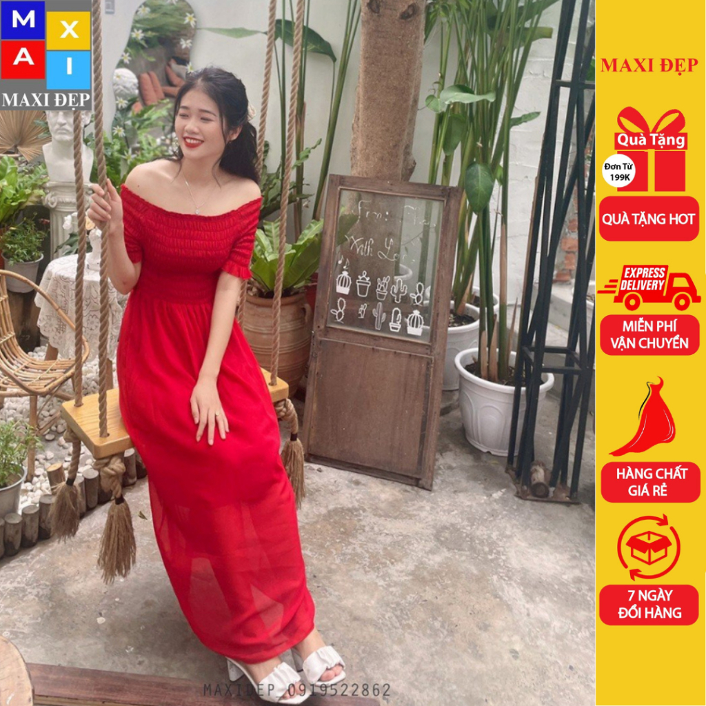 Đầm Trễ Vai/ Bẹt Vai Maxi Đẹp Màu Đỏ Nổi Bật Freesize Co Giãn Đến 70Kg