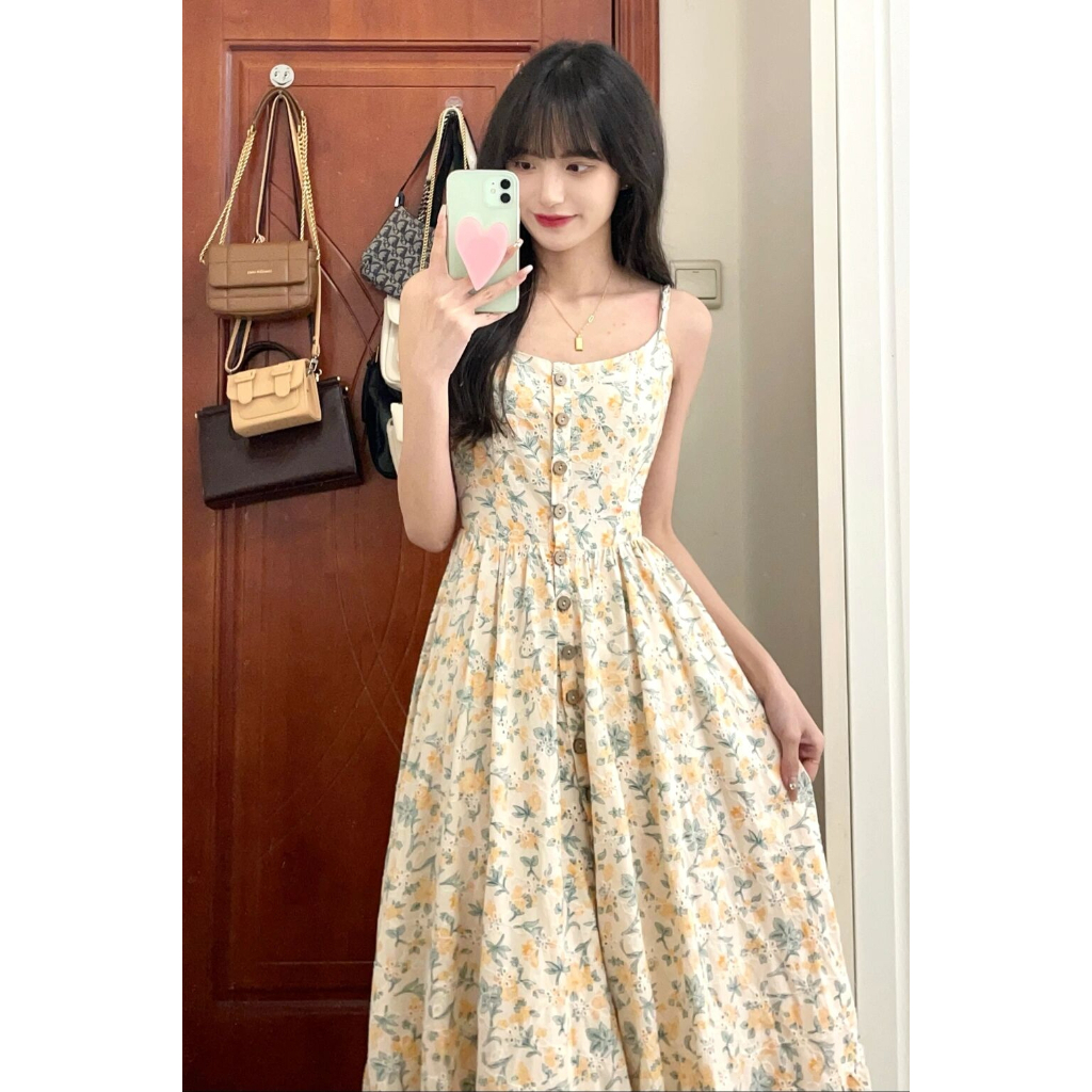 (ORDER) Váy hai dây hoa nhí màu vàng nhạt cổn vuông dài khuy thon eo xòe dài vintage kiểu Pháp