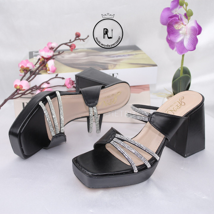 Guốc nữ cao gót đúp vuông 9p quai kết dây xoàn mảnh đơn 3 dây - G29